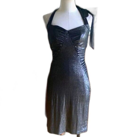 Vintage Betsey Johnson Halter Cocktail Dress in Metallic Black Silver size 4 Y2K - Picture 9 of 10